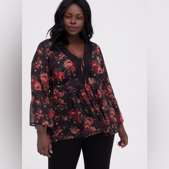 Torrid Babydoll Chiffon Lurex Crochet Lace-Up Sheer Blouse, Black Red Floral, 1X - Picture 11 of 14